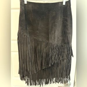 SOLD - Elie Tahari brown suede asymmetrical fringe skirt size 4